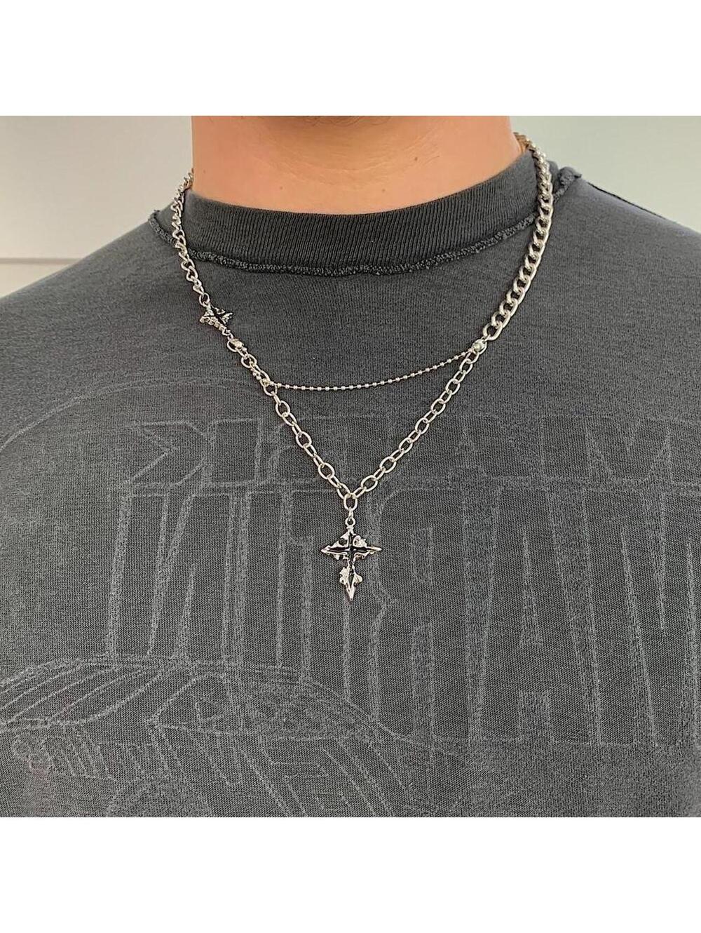 Cyber Y2k 2000s punk grunge crystal cross pendant necklace chain. 21.5 inches